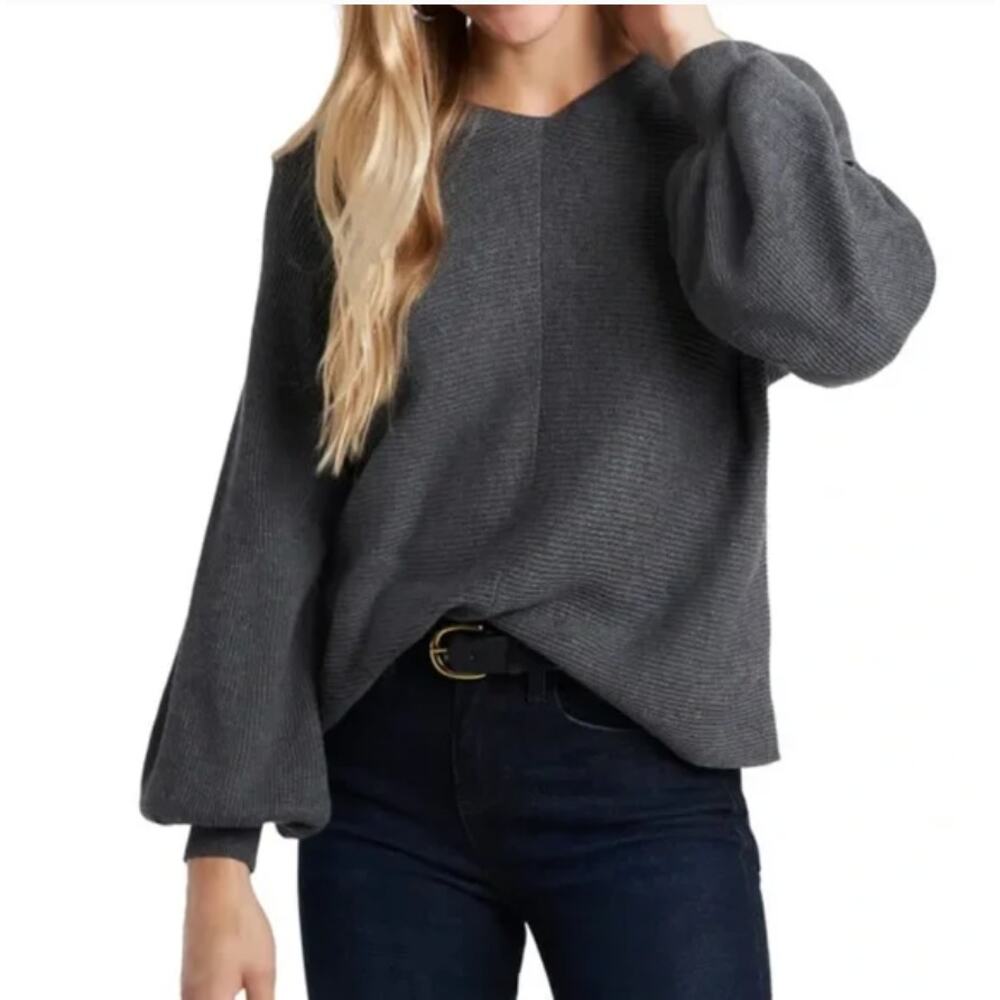 1. STATE Women's Rib-Knit Bubble Sleeve Long Sleeve Sweater Gray Cotton Modal Lg